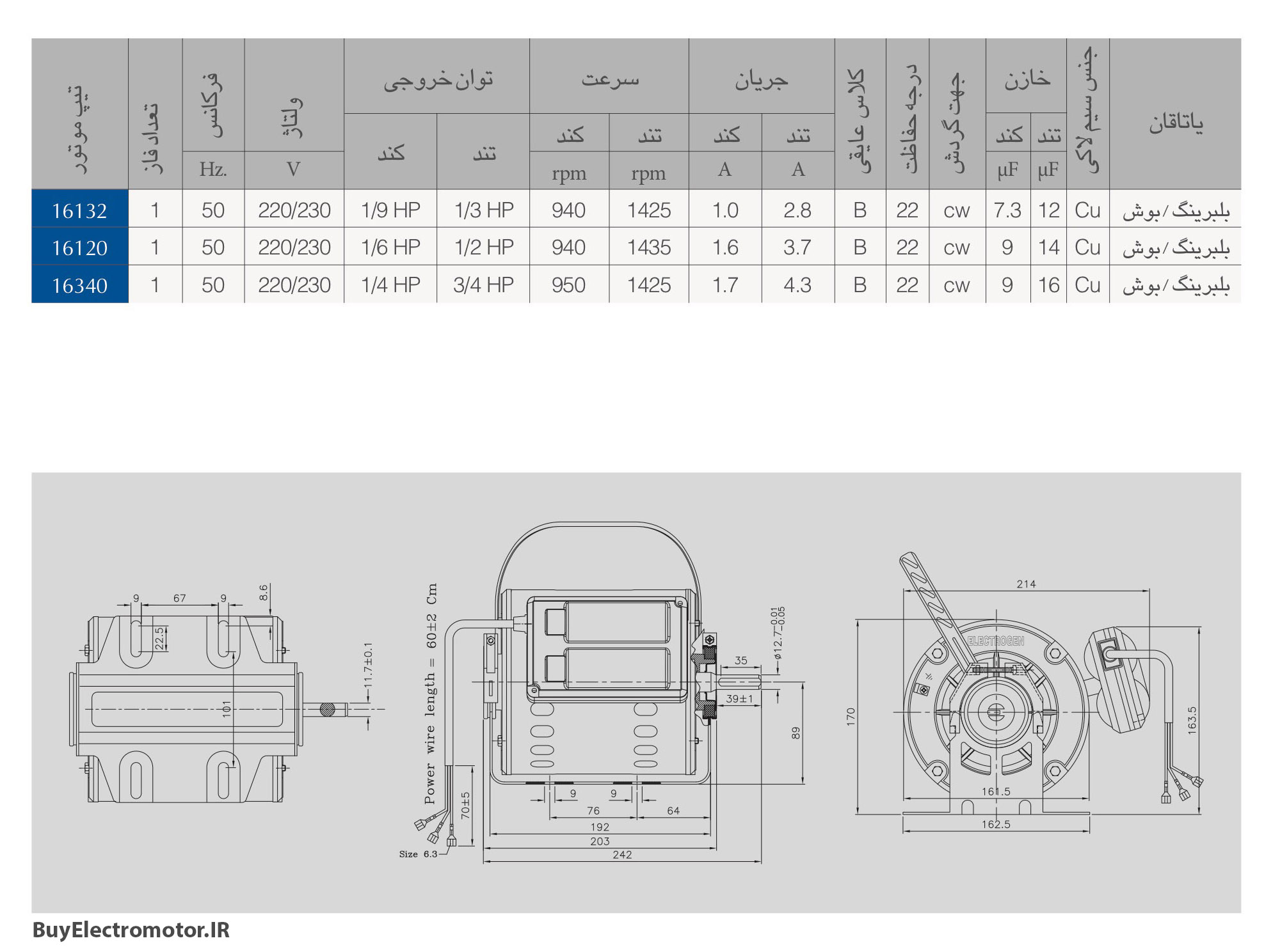 الکتروموتور کولری خازن دار HP 1/3 ،1/2 ،3/4 مدل تندر