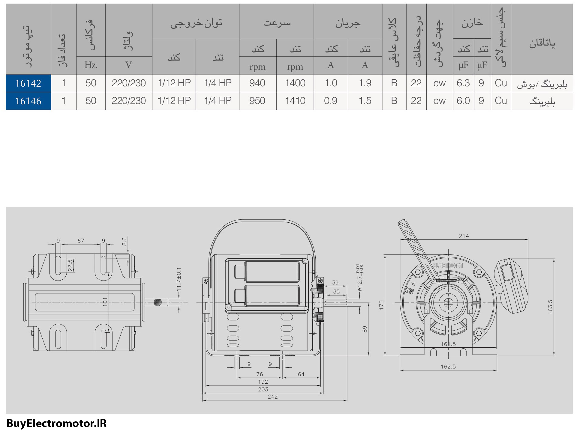  الکتروموتور کولری خازن دار HP 1/4 مدل تندر